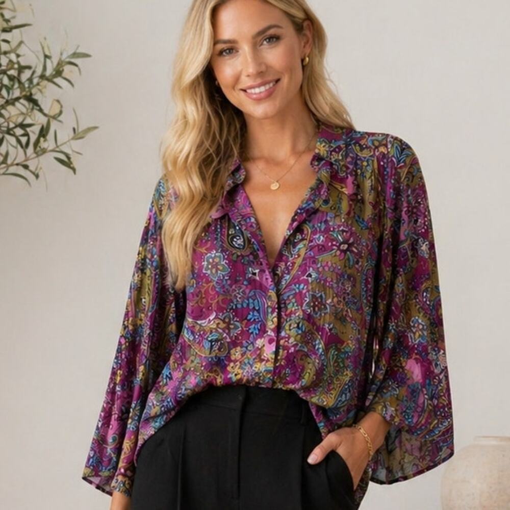 Lane Bryant Accordion Pleat Top Womens Size 26/28 Purple Lime Vibrant Paisley 3X
